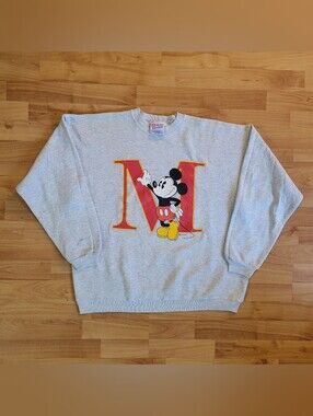 Vintage Mickey Mouse Graphic Gray Long Sleeve Crewneck Hanes Made In USA, XL